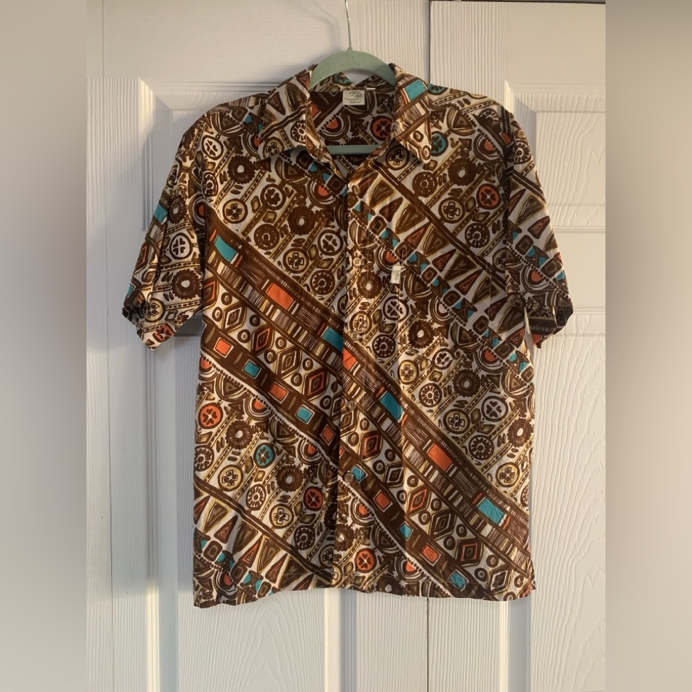 Vintage Paradise Island Brown Geometric Pattern Men's Shirt